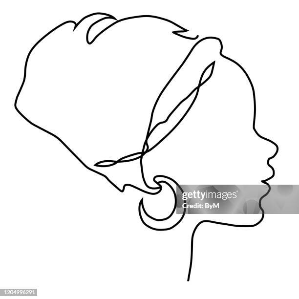 young african woman face silhouette in national headdress icon. - single line people stock illustrations