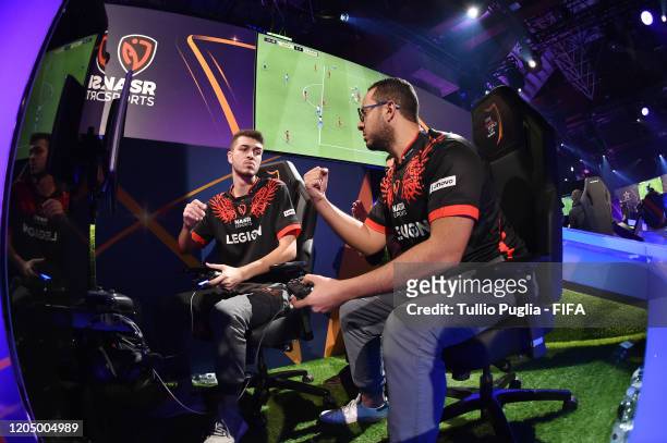 Haroun Yassin and Ramy Abdelaal of Nasr eSports team celebrate during Finals day of the the FIFA eClub World Cup 2020 - Day 3 on February 09, 2020 in...