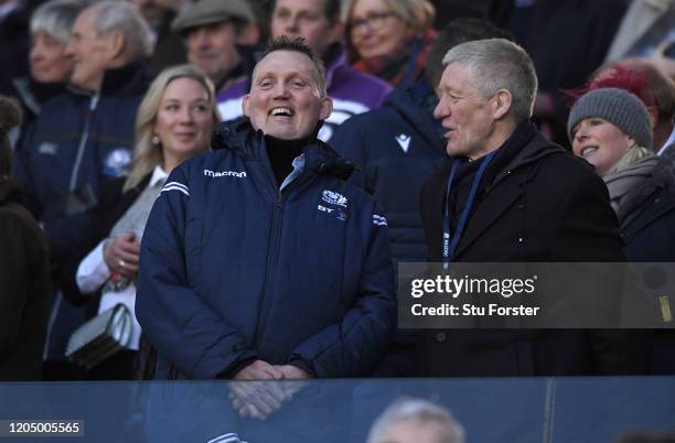 Former Scotland players Doddie Weir and John Jeffrey share a joke during the 2020 Guinness Six Nations match between Scotland and England at...