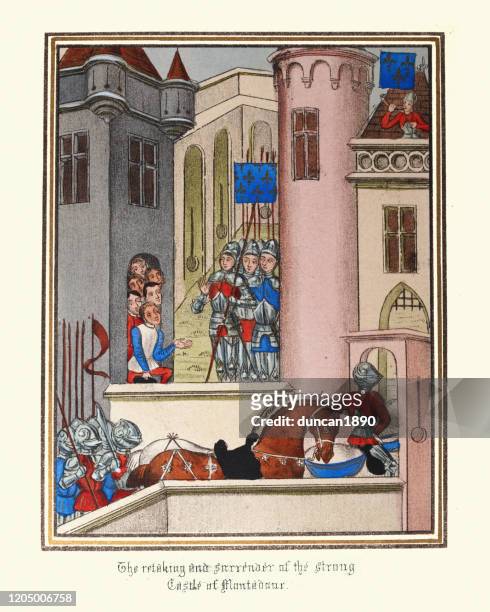 ilustraciones, imágenes clip art, dibujos animados e iconos de stock de captura de un castillo medieval, guerra de cien años - hundred years war