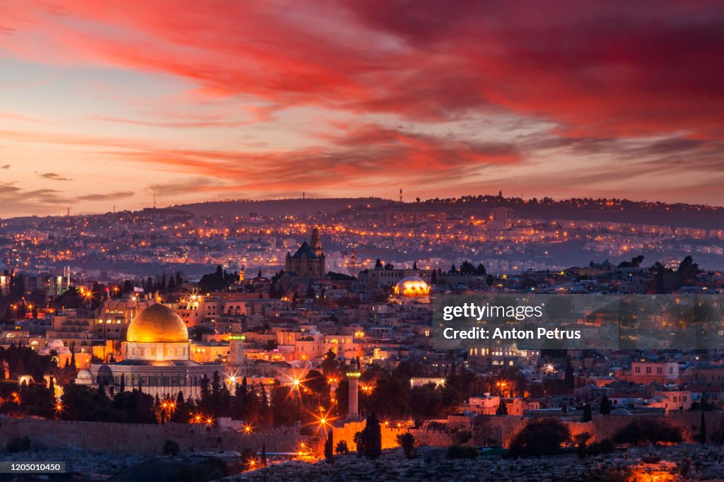 View of the old city of Jerusalem at sunset. Israel