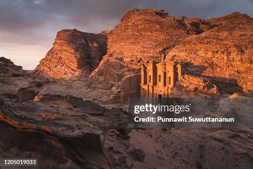 The Monastery or Ad Deir at beautiful sunset in Petra ruin and ancient city, Jordan, Arab