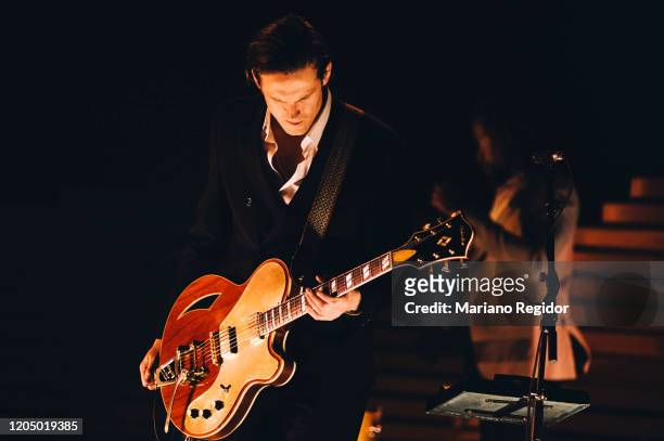 Robert Ackroyd from the English indie rock band Florence and the Machine performs on stage at Wizink Center on March 21, 2019 in Madrid, Spain.