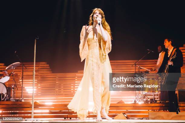 Florence Welch and Robert Ackroyd from the English indie rock band Florence and the Machine perform on stage at Wizink Center on March 21, 2019 in...