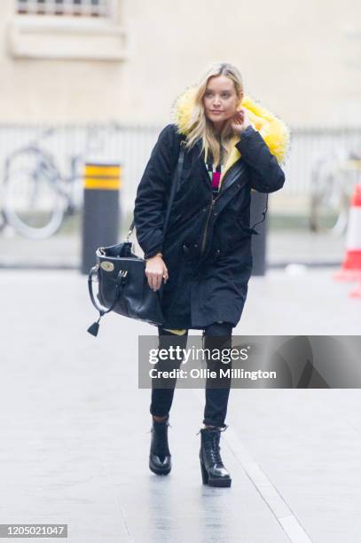 Laura Whitmore arrives at BBC Broadcast House for her BBC Radio 5 Live radio show on February 9, 2020 in London, United Kingdom.