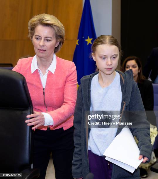 President of the European Commission Ursula von der Leyen and the Swedish environmental activist on climate change Greta Thunberg attend the weekly...