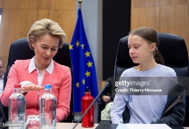 President of the European Commission Ursula von der Leyen and the Swedish environmental activist on climate change Greta Thunberg attend the weekly...