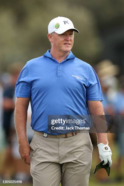 Marcus Fraser of Australia looks on down the 5th Beach Course hole during Day Four of the ISPS Handa Vic Open at 13th Beach Golf Club on February 09,...