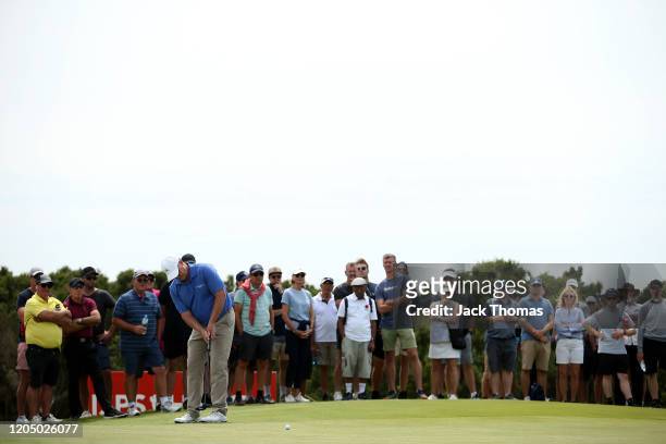 Marcus Fraser of Australia plays a putt on the 2nd Beach Course hole during Day Four of the ISPS Handa Vic Open at 13th Beach Golf Club on February...