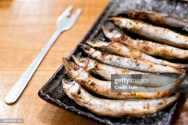 traditional  japanese cuisine, grilled shishamo fish - cook battered fish stock pictures, royalty-free photos & images