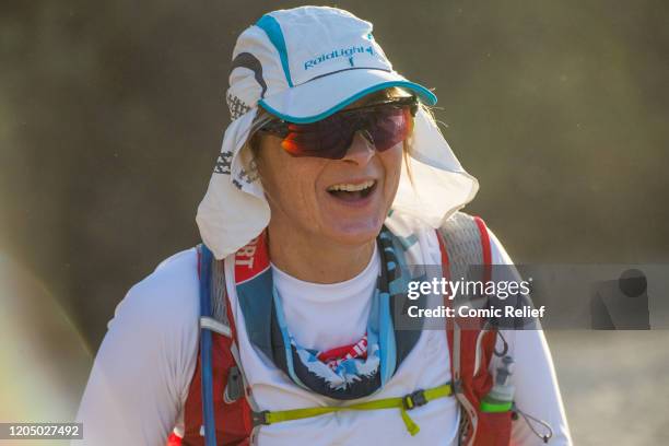 Louise Minchin smiles as she continues the journey with other celebrities during day 2 of the 'Sport Relief Challenge: The Heat is On' on February...
