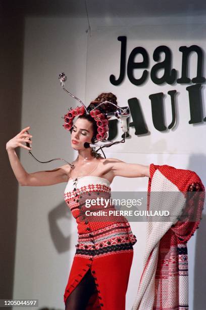 Model displays accessories of French designer Jean-Paul Gaultier, on March 20, 1992 during the 93 Fall/Winter ready-to-wear collection show.