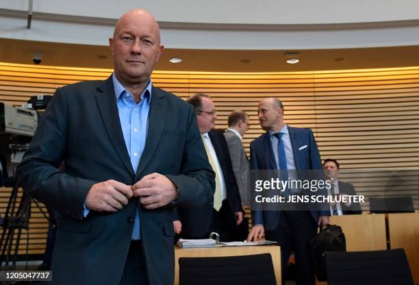 Thomas Kemmerich from the free democratic FDP party arrives at the Thuringian State Parliament in Erfurt, eastern Germany, on March 4 prior to the...