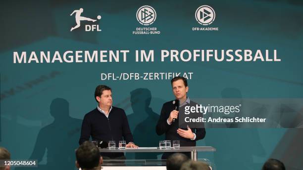 Christian Seifert and Oliver Bierhoff, team manager of Germany speak at a press conference as DFB And DFL present a DFB Academy Football Management...