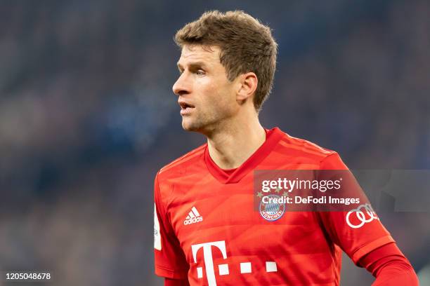 Thomas Mueller of Bayern Muenchen looks on during the DFB Cup quarterfinal match between FC Schalke 04 and FC Bayern Muenchen at Veltins Arena on...