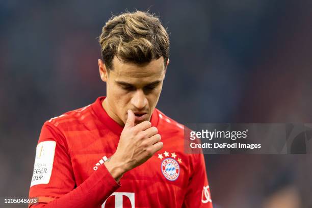 Philippe Coutinho of Bayern Muenchen looks on during the DFB Cup quarterfinal match between FC Schalke 04 and FC Bayern Muenchen at Veltins Arena on...