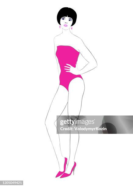 girl in a closed pink swimsuit with a short haircut in model shoes - kids swimsuit models stock illustrations