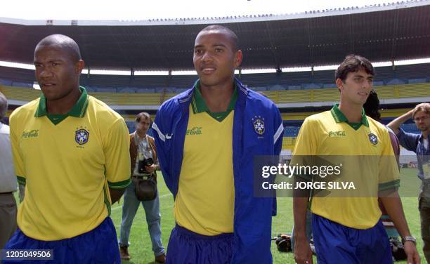 Brazilian team members Joao Carlos , Luis Alberto , and Atirson , participate in a visit to a stadium in Guadelajara, Mexico, 23 July 1999. Los...