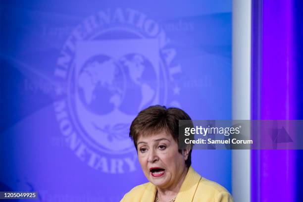 Managing Director Kristalina Georgieva speaks during a joint press conference with World Bank Group President David Malpass on the recent...