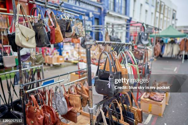 vintage bags for sale in portobello market - portobello stock pictures, royalty-free photos & images