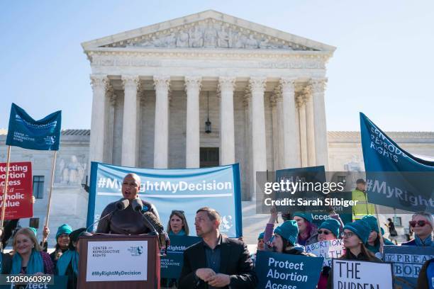 Rep. Ayanna Pressley speaks in an abortion rights rally outside of the Supreme Court as the justices hear oral arguments in the June Medical Services...