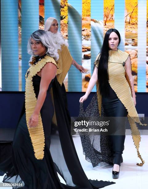 Model walks the runway wearing Art Elio Fashion Designer during NYFW Powered By hiTechMODA on February 08, 2020 in New York City.