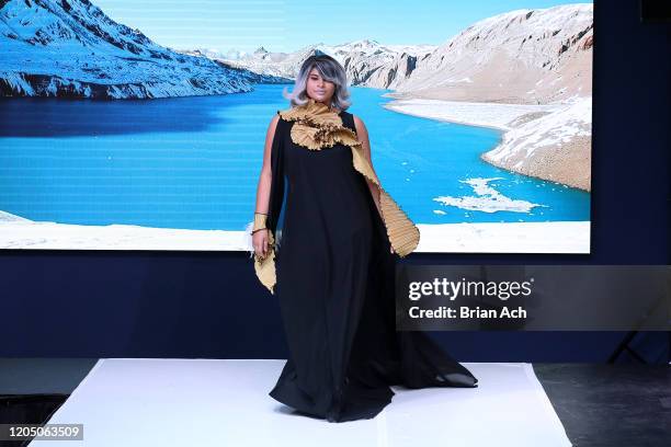 Model walks the runway wearing Art Elio Fashion Designer during NYFW Powered By hiTechMODA on February 08, 2020 in New York City.