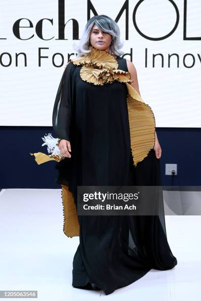 Model walks the runway wearing Art Elio Fashion Designer during NYFW Powered By hiTechMODA on February 08, 2020 in New York City.