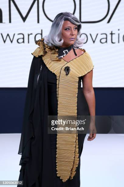 Model walks the runway wearing Art Elio Fashion Designer during NYFW Powered By hiTechMODA on February 08, 2020 in New York City.