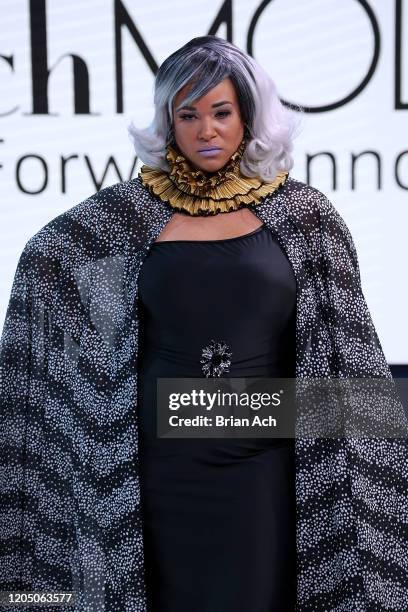 Model walks the runway wearing Art Elio Fashion Designer during NYFW Powered By hiTechMODA on February 08, 2020 in New York City.