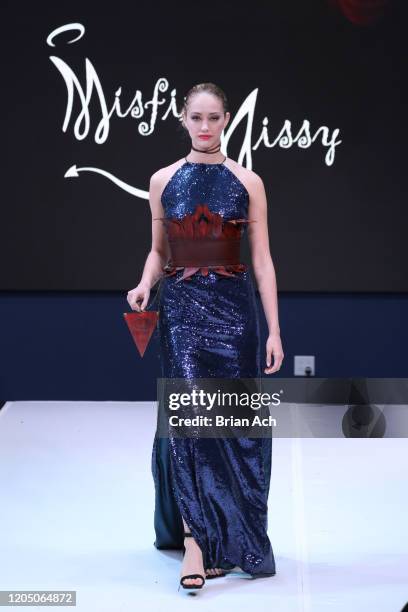 Model walks the runway wearing MisfitMissy during NYFW Powered By hiTechMODA on February 08, 2020 in New York City.