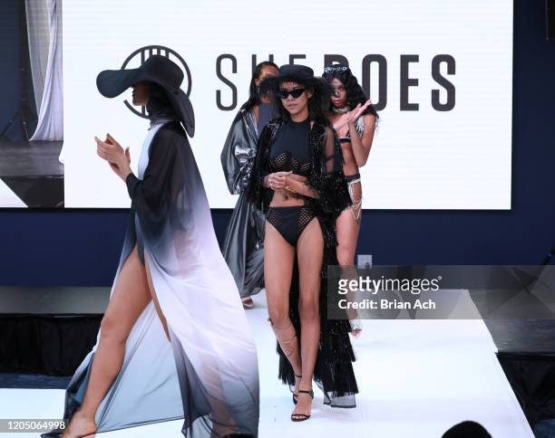 Model walks the runway wearing She Does Official during NYFW Powered By hiTechMODA on February 08, 2020 in New York City.
