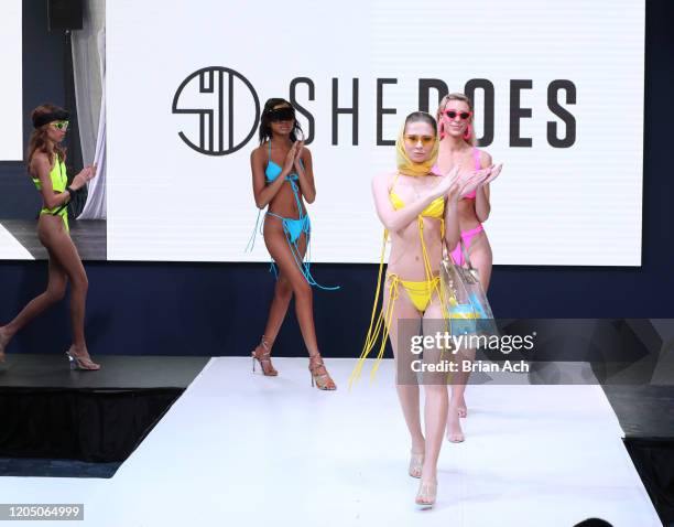 Model walks the runway wearing She Does Official during NYFW Powered By hiTechMODA on February 08, 2020 in New York City.