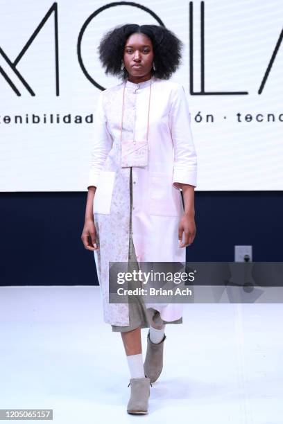 Model walks the runway wearing Cerrito de Indios during NYFW Powered By hiTechMODA on February 08, 2020 in New York City.