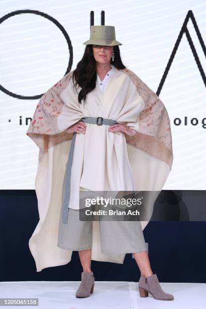 Model walks the runway wearing Cerrito de Indios during NYFW Powered By hiTechMODA on February 08, 2020 in New York City.