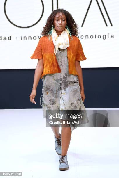 Model walks the runway wearing TARPUI during NYFW Powered By hiTechMODA on February 08, 2020 in New York City.