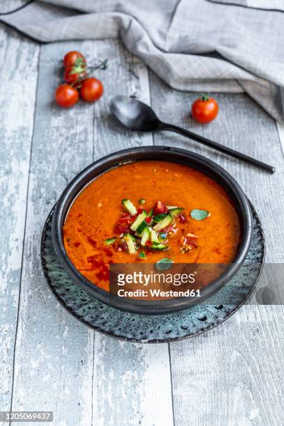 gazpacho - cold tomato soup with cucumber topping - gazpacho stock pictures, royalty-free photos & images