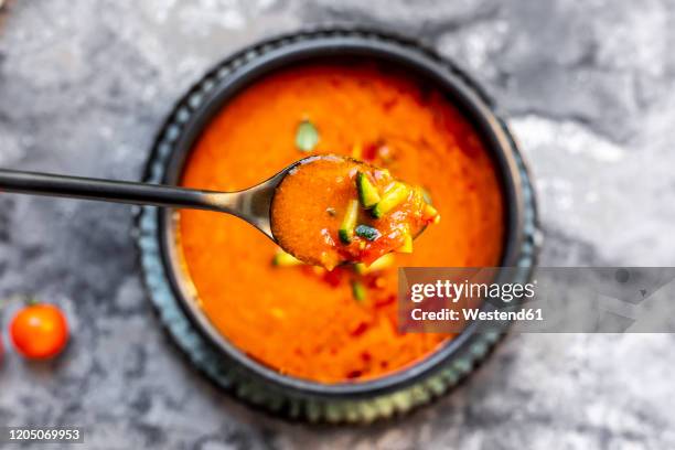 gazpacho - cold tomato soup with cucumber topping - spanish food stock pictures, royalty-free photos & images