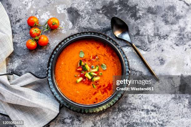 gazpacho - cold tomato soup with cucumber topping - gazpacho stock pictures, royalty-free photos & images