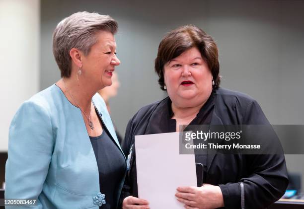 Commissioner for home affairs Ylva Johansson speaks with the Belgian Health, Social Affairs, Asylum Policy and Migration minister Maggie De Block...