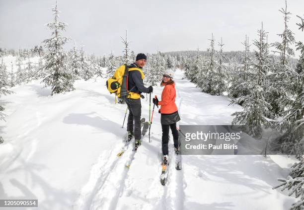 couple ski touring in the backcountry - tatra stock-fotos und bilder