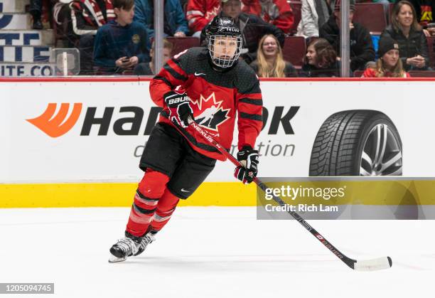 Jocelyne Larocque of Canada skates with the puck during women's hockey action in Game of the 2020 Rivalry Series against the United States at Rogers...