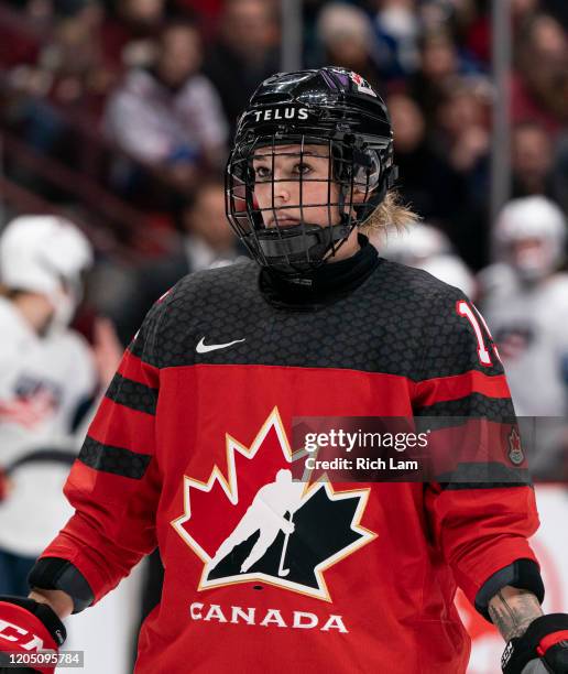 Melodie Daoust of Canada during women's hockey action in Game of the 2020 Rivalry Series against the United States at Rogers Arena on February 5,...