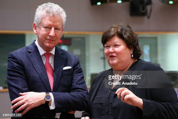 Belgium's Minister of Interior Affairs and Foreign Trade Pieter De Crem and Belgium's Health Minister Maggie De Block attend an extraordinary session...