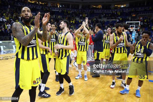 Fenerbahce players celebrate during the 2019/2020 Turkish Airlines EuroLeague Regular Season Round 27 match between Fenerbahce Beko Istanbul and...