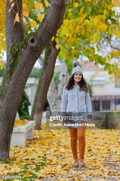 very young and beautiful woman, enjoy autumn.  photograph with a predominantly yellow color due to the large number of leaves of that color in the ground - november 19 stock pictures, royalty-free photos & images