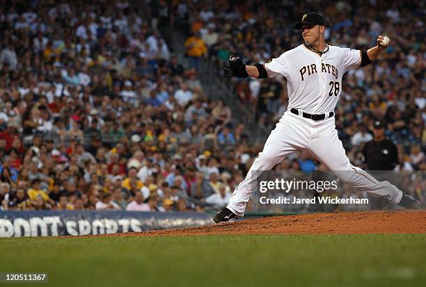 Paul Maholm of the Pittsburgh Pirates pitches against the San Diego Padres during the game on August 6, 2011 at PNC Park in Pittsburgh, Pennsylvania.