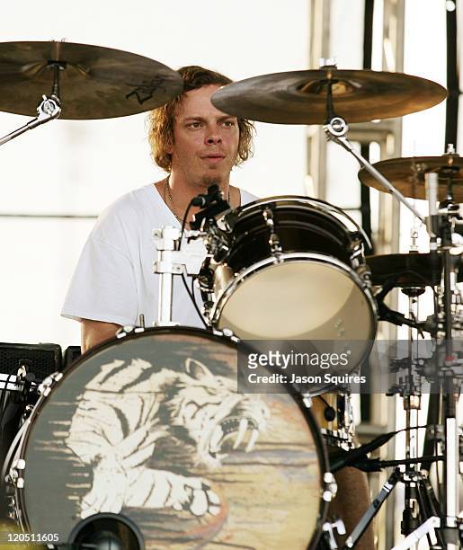Musician Jared Champion of Cage the Elephant performs during the 2011 Kanrocksas Music Festival at Kansas Speedway on August 6, 2011 in Kansas City,...