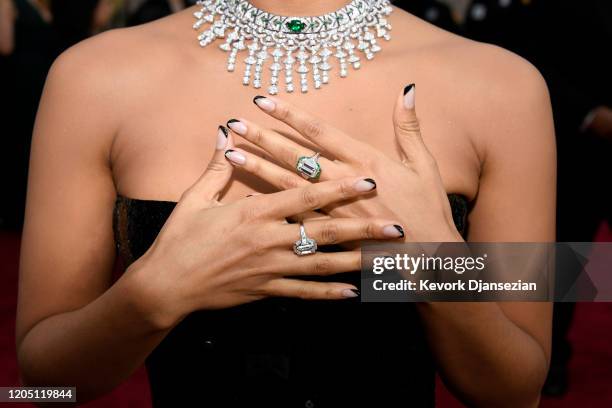Zazie Beetz, jewelry detail, attends the 92nd Annual Academy Awards at Hollywood and Highland on February 09, 2020 in Hollywood, California. Zazie...
