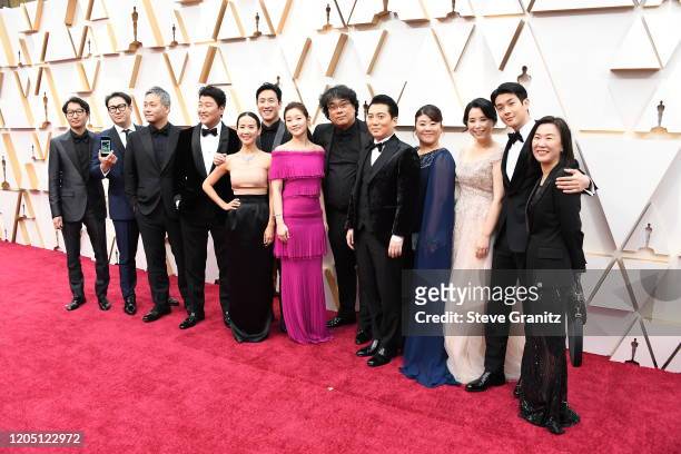 Cast and crew of 'Parasite' attend the 92nd Annual Academy Awards at Hollywood and Highland on February 09, 2020 in Hollywood, California.